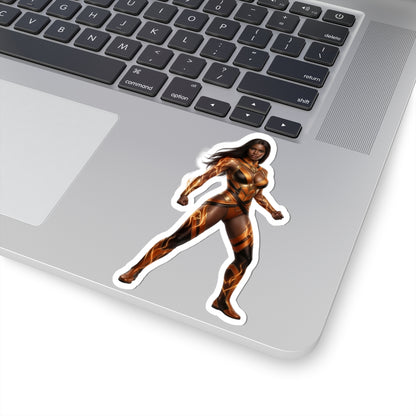 Vixen Sticker – Comic Heroine Vinyl Sticker for Laptops & Indoor Decor on silver laptop showing glossy, vibrant comic-style heroine vinyl sticker