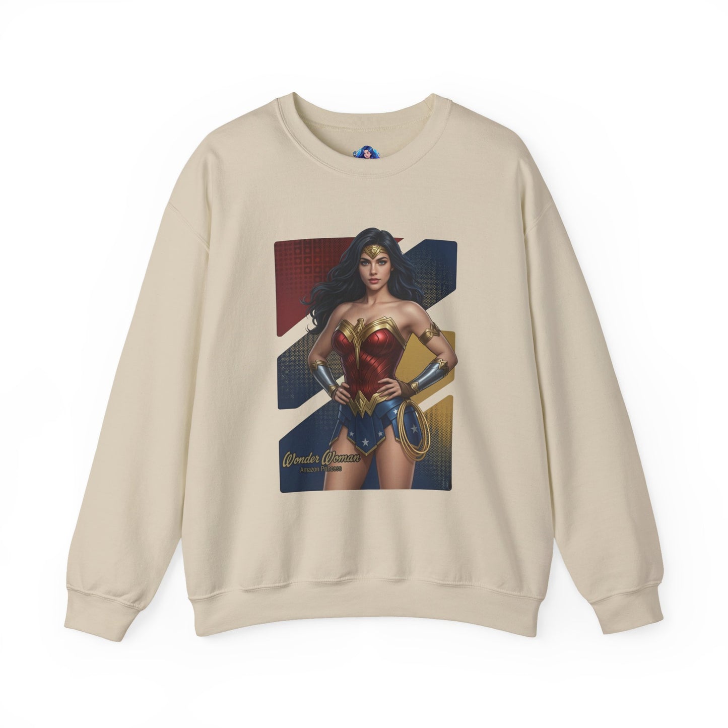 Wonder Woman Sweatshirt, DC Comics Crewneck, Legendary Superhero Apparel for Fans showcasing iconic armor-inspired Wonder Woman art on a cozy beige crewneck