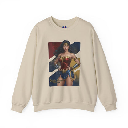 Wonder Woman Sweatshirt, DC Comics Crewneck, Legendary Superhero Apparel for Fans showcasing iconic armor-inspired Wonder Woman art on a cozy beige crewneck