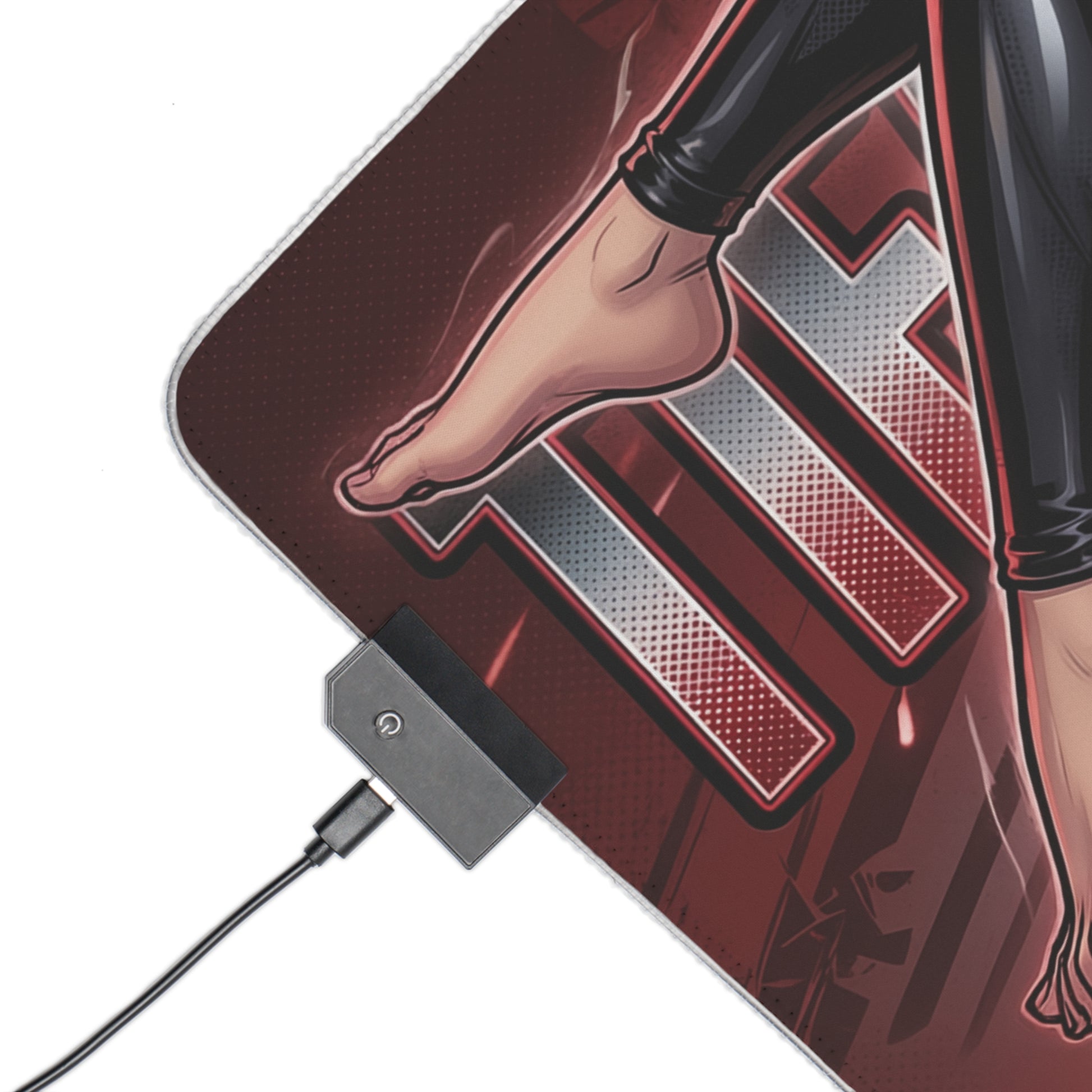 Alt Tag: Tifa Lockhart RGB Desk Mat, Final Fantasy Gaming Mouse Pad, LED Desk Mat for Gamer Setup close-up of red artwork, foot and LED connector
