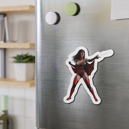 Spider-Woman Magnet – Marvel Heroine Fridge Magnet, Anime Style Decor on stainless fridge showing die-cut anime-style Spider-Woman vinyl magnet