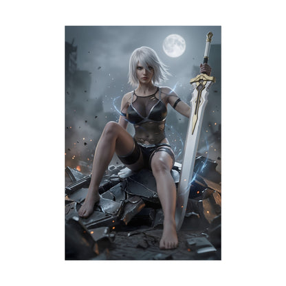A2 Poster / A2 Wall Art / A2 Art Print / NieR Automata Poster - fierce battle-hardened android warrior with sword amid destroyed city ruins
