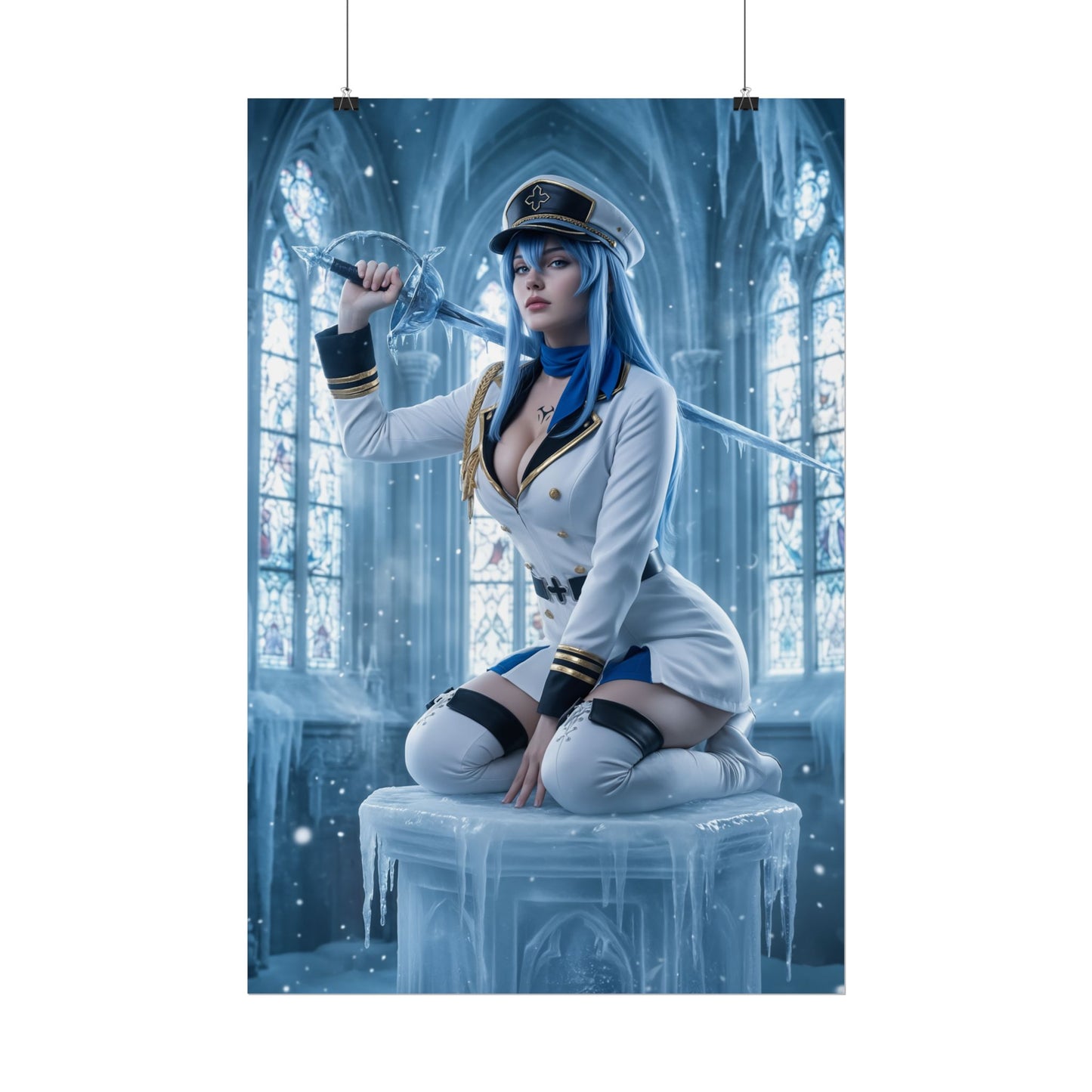 Esdeath Poster, Akame ga Kill Art Print, Iconic Ice General Wall Decor - cosplay-style ice general in naval uniform holding sword, dramatic stained-glass backdrop