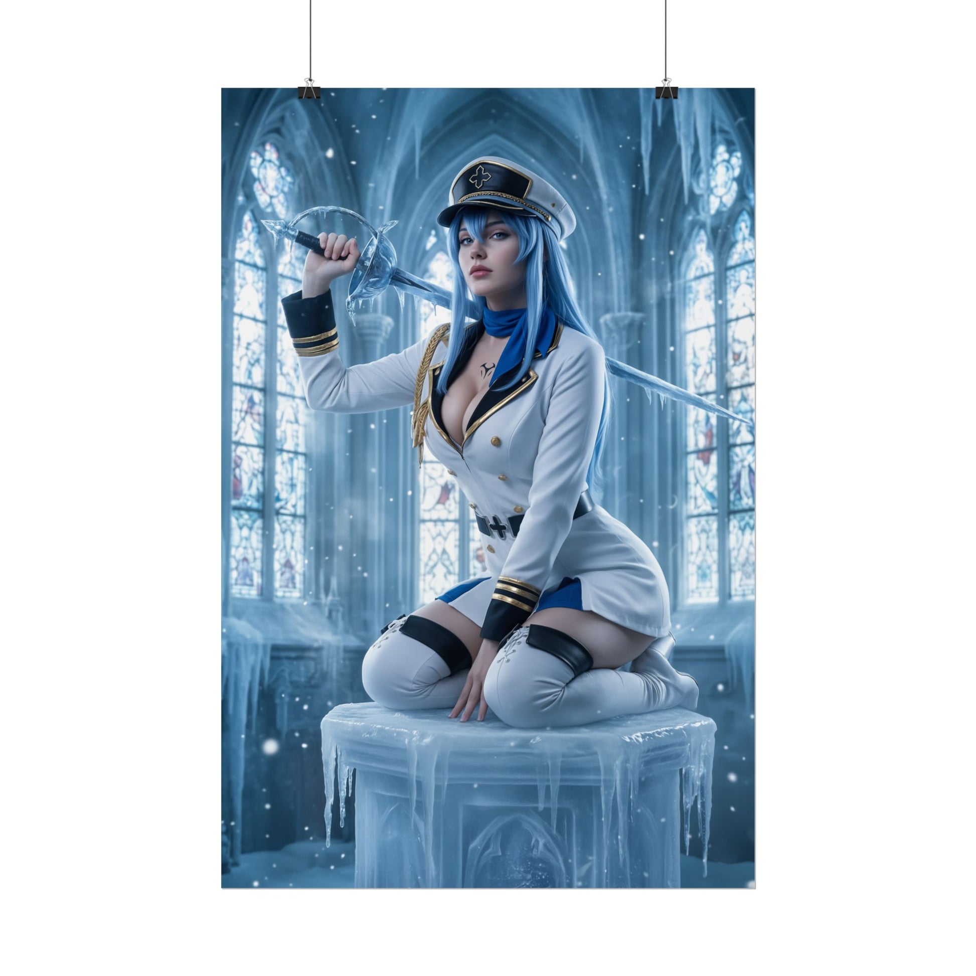 Esdeath Poster, Akame ga Kill Art Print, Iconic Ice General Wall Decor - cosplay-style ice general in naval uniform holding sword, dramatic stained-glass backdrop