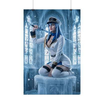 Esdeath Poster, Akame ga Kill Art Print, Iconic Ice General Wall Decor - cosplay-style ice general in naval uniform holding sword, dramatic stained-glass backdrop