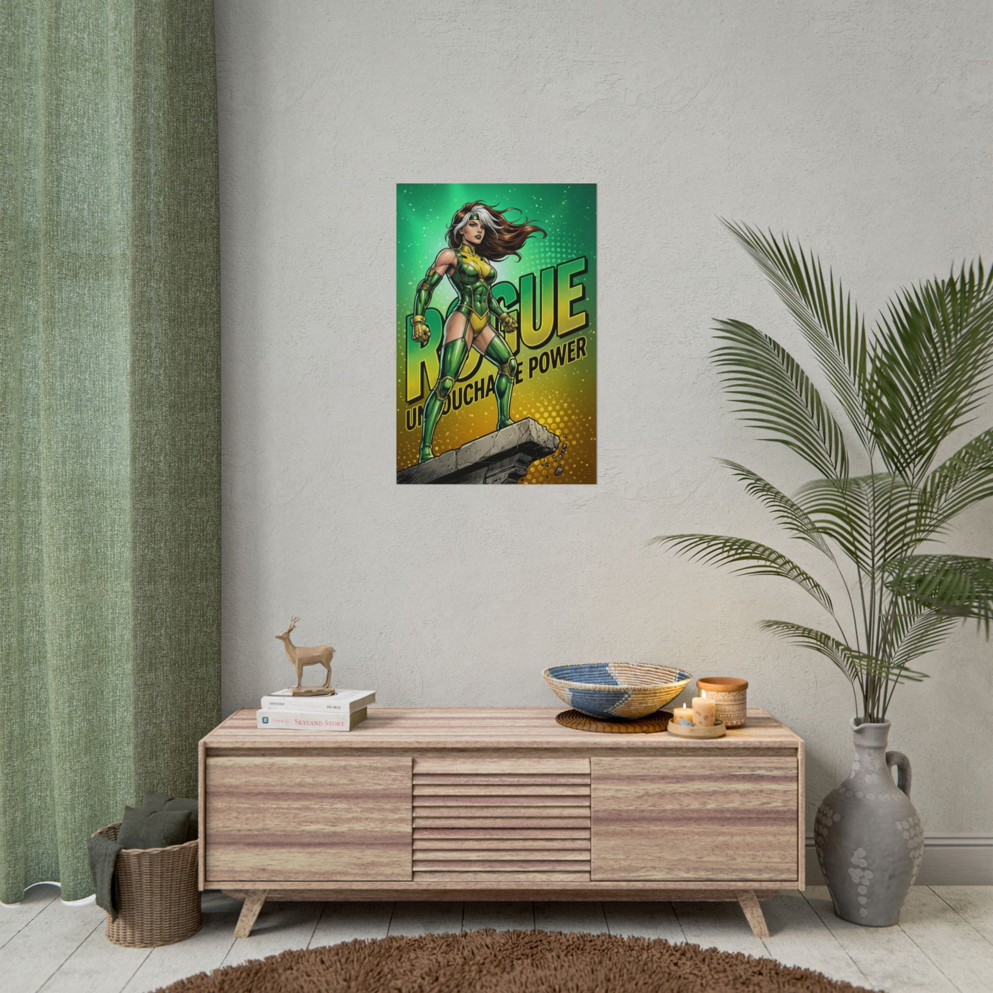 Rogue Poster / Rogue Wall Art / Rogue Art Print / X-Men Poster - bold Rogue heroine in iconic green costume, dynamic stance on rock, vibrant comic wall art
