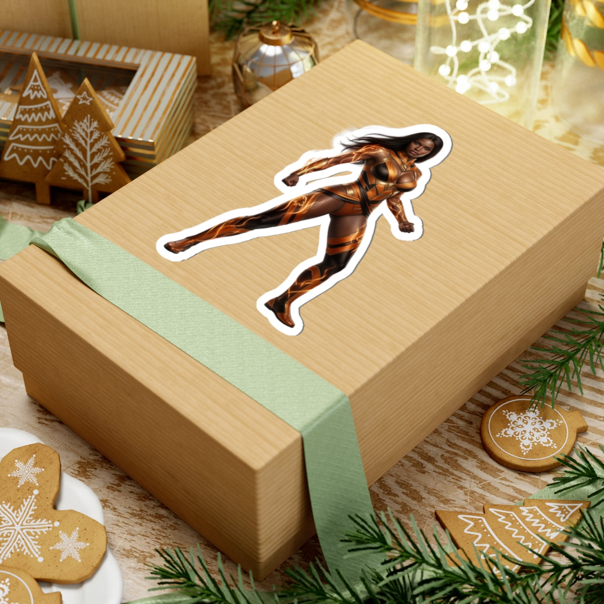 Vixen Sticker – Comic Heroine Vinyl Sticker for Laptops & Indoor Decor on brown gift box, glossy vibrant comic-style heroine vinyl sticker