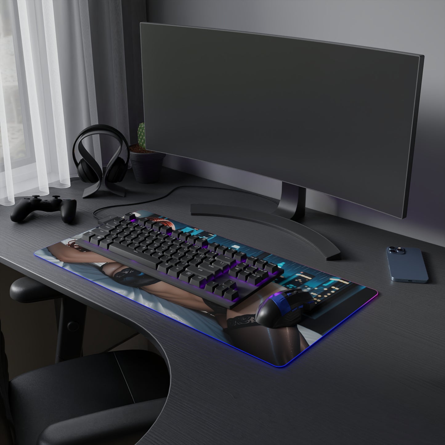 Black Widow Desk Mat – LED RGB Pad, Waifu Hero Anime Girl Gaming Setup