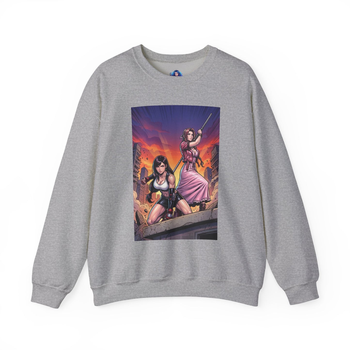 Tifa Lockhart & Aerith Gainsborough Sweatshirt, Game Character Art, Premium Fan Apparel - gray crewneck with cinematic battle-ready Tifa and Aerith illustration