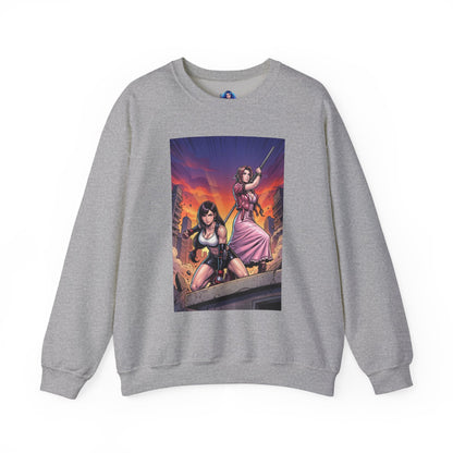 Tifa Lockhart & Aerith Gainsborough Sweatshirt, Game Character Art, Premium Fan Apparel - gray crewneck with cinematic battle-ready Tifa and Aerith illustration