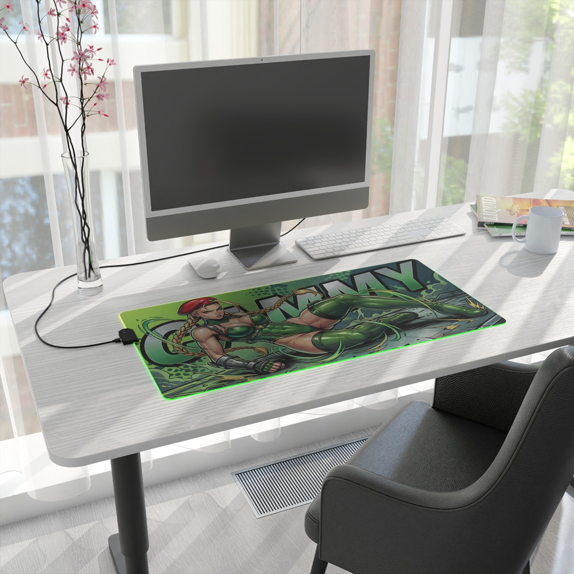 Cammy RGB Desk Mat, Fighting Game Gaming Mouse Pad, LED Desk Mat for Gamer Setup on white desk showing green military-inspired character artwork and LED edge