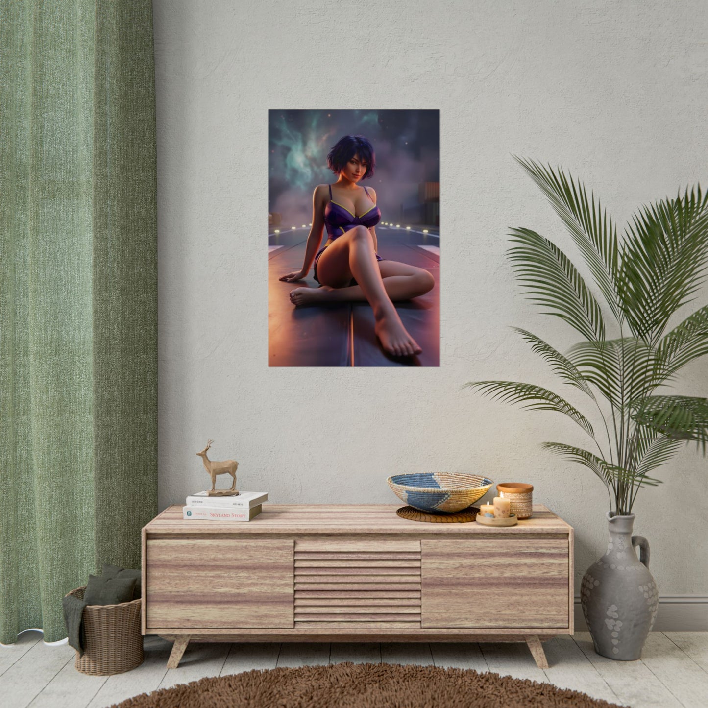 Faye Valentine Poster / Faye Valentine Wall Art / Faye Valentine Art Print / Cowboy Bebop Poster – cinematic moody anime print of Faye Valentine seated, elegant sci‑fi style