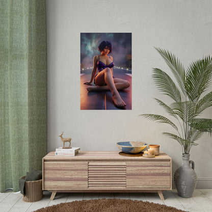 Faye Valentine Poster / Faye Valentine Wall Art / Faye Valentine Art Print / Cowboy Bebop Poster – cinematic moody anime print of Faye Valentine seated, elegant sci‑fi style