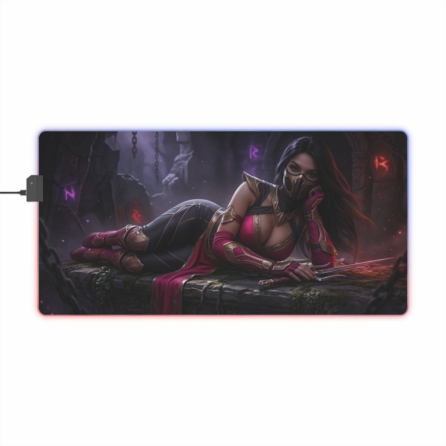 Mileena Desk Mat – LED RGB Pad, Waifu Assassin Anime Girl Setup showing reclining masked waifu assassin with RGB edge lighting