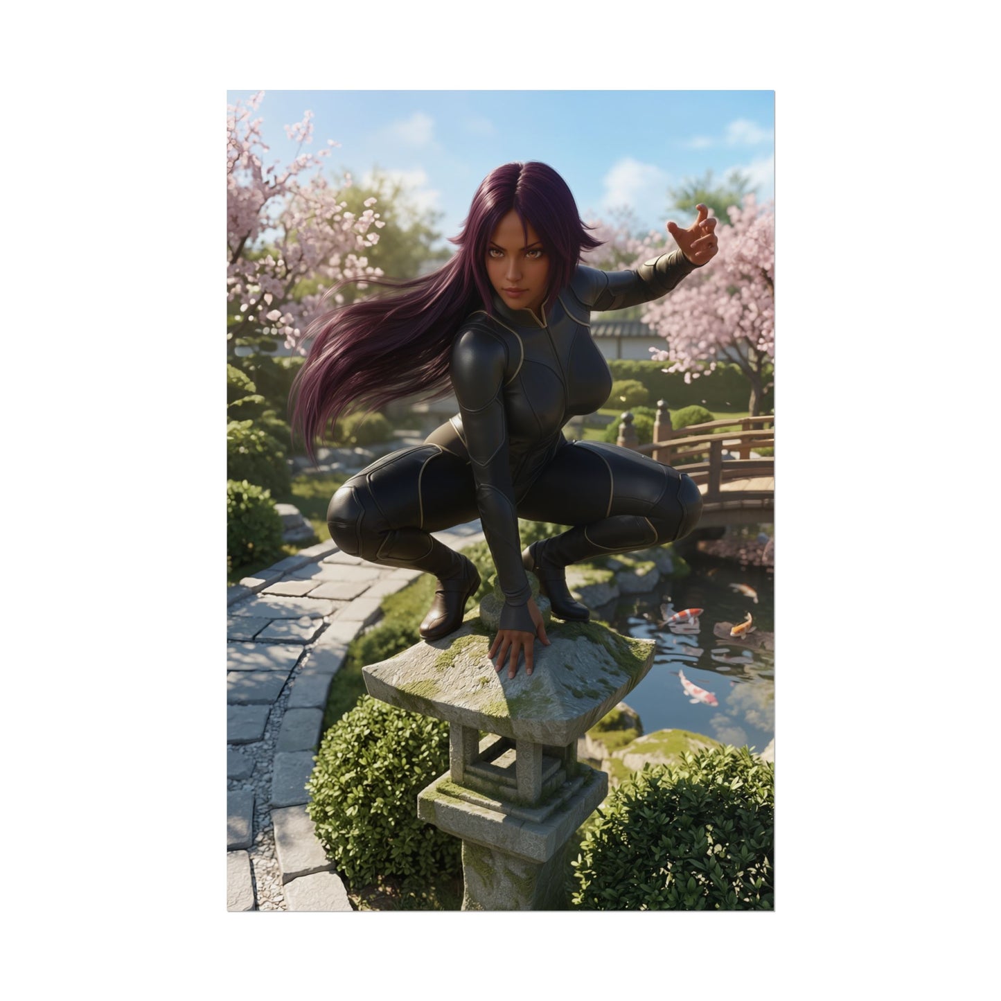 Yoruichi Shihouin Poster, Bleach Art Print – Anime Heroine Wall Art - dynamic heroine crouching in sleek black suit over koi pond with cherry blossoms