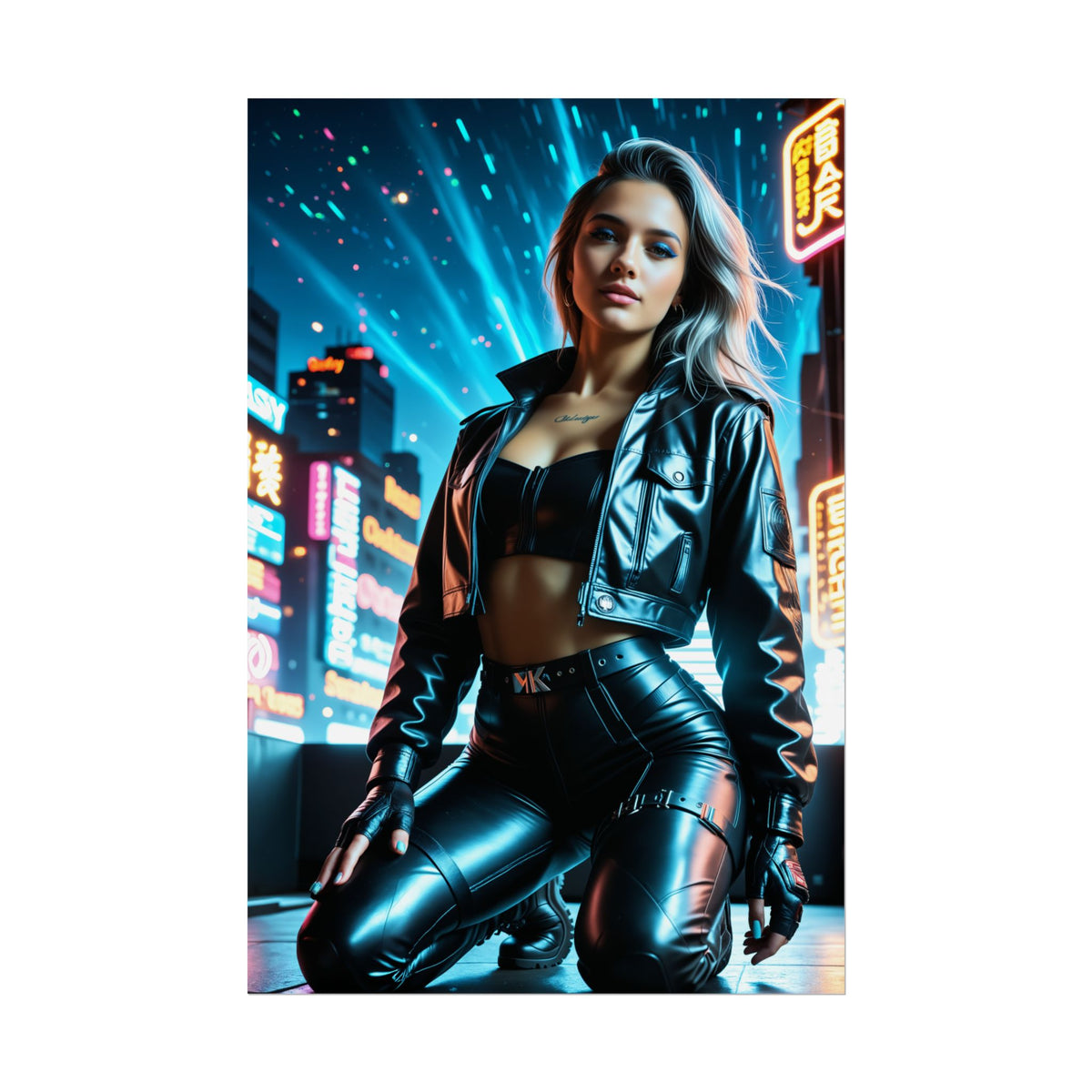 Rogue Cyberpunk 2077 Wall Art  Legendary Character Poster, Gift for Gamers featuring leather-clad character in neon city skyline