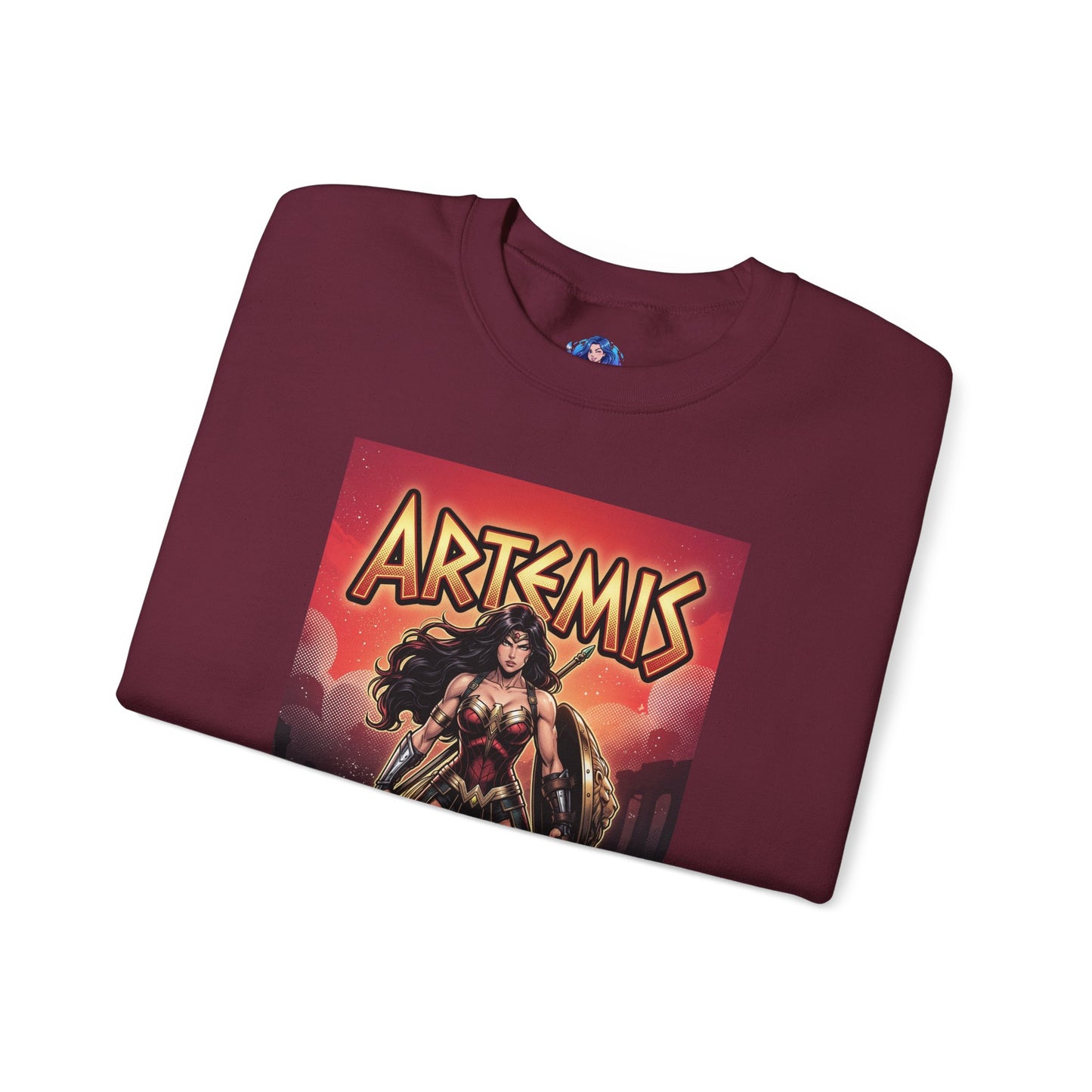 Artemis Sweatshirt, DC Comics Warrior Art, Premium Hero Apparel maroon crewneck with Artemis battle-ready graphic and spear