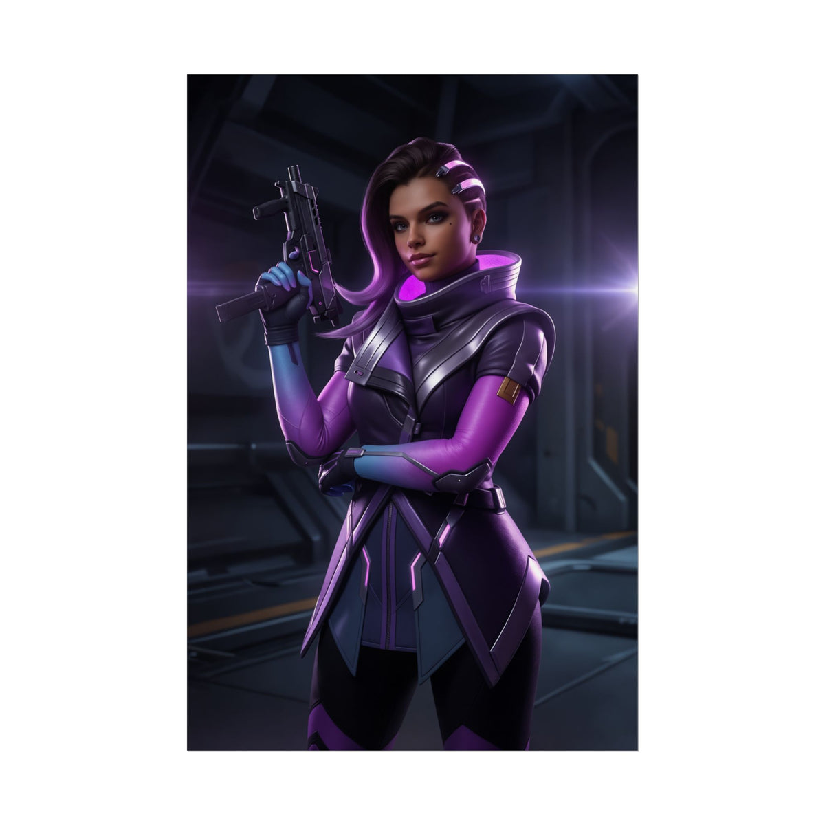 Alt Tag: Sombra Poster, Overwatch Art Print  Iconic Hacker Heroine Wall Art featuring Sombra in purple cyberpunk outfit holding a rifle for gamer room decor