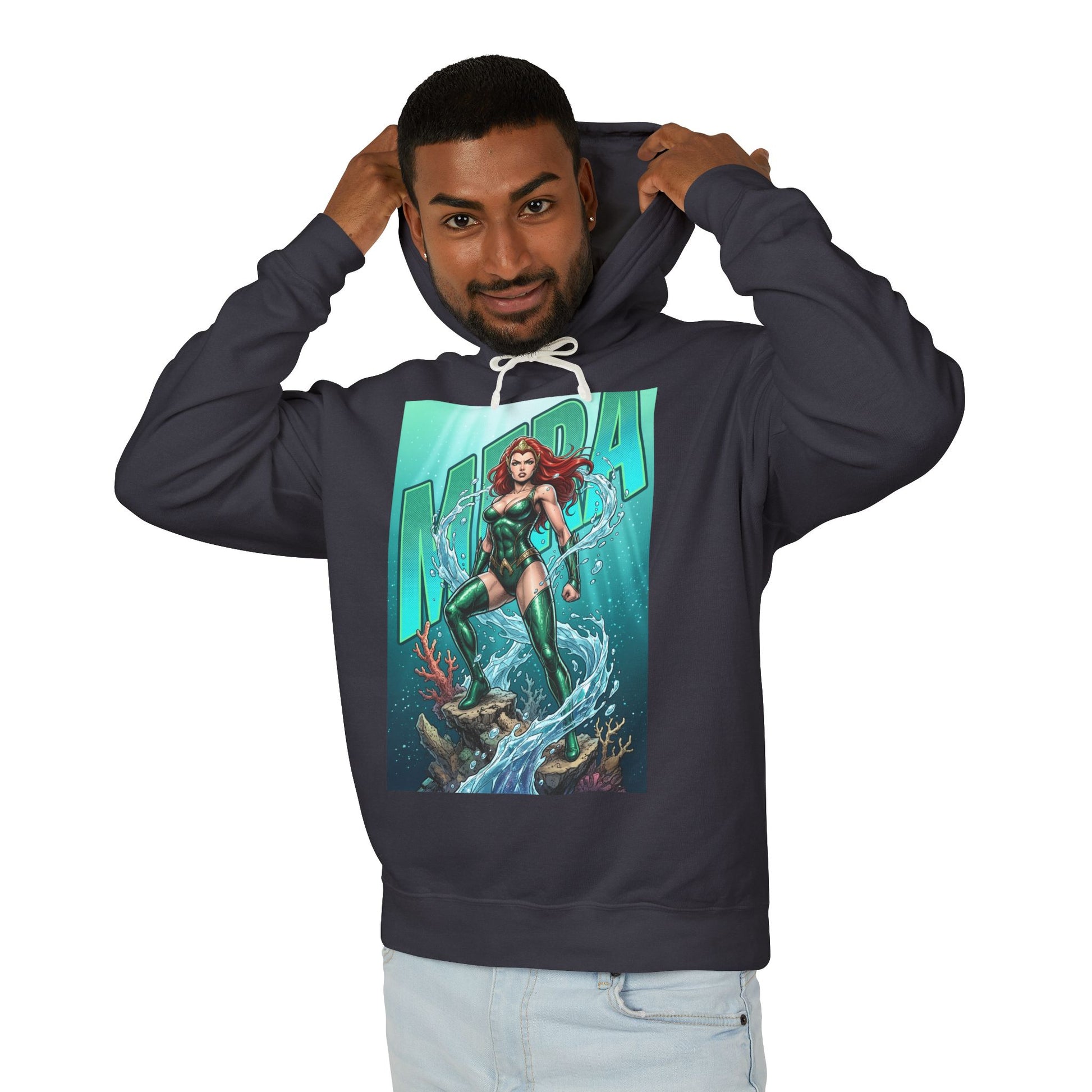 Mera Hoodie | DC Superhero Hoodie | Ocean-Born Warrior Pullover — men’s charcoal hoodie with illustrated Mera graphic, breathable 100% ring-spun cotton