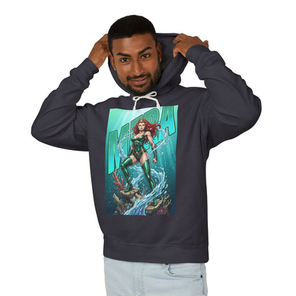 Mera Hoodie | DC Superhero Hoodie | Ocean-Born Warrior Pullover — men’s charcoal hoodie with illustrated Mera graphic, breathable 100% ring-spun cotton