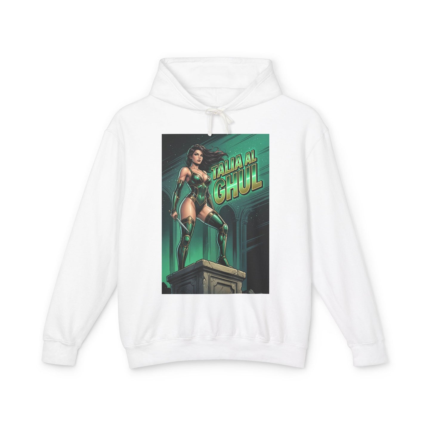 Talia al Ghul Hoodie | DC Villain Hoodie | League of Assassins Pullover white hoodie with green Talia al Ghul graphic, lightweight 100% ring-spun cotton