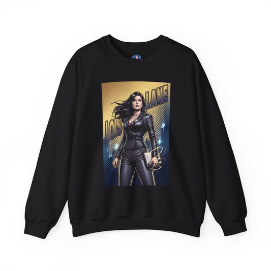 Lois Lane Sweatshirt, DC Comics Character Art, Premium Fan Apparel - black crewneck with Lois Lane comic illustration holding notebook and microphone