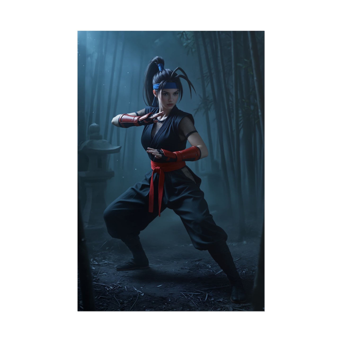 Ibuki Poster, Street Fighter Art Print – Iconic Ninja Heroine Wall Art showing dynamic ninja pose in misty bamboo forest, high-resolution semi-gloss print