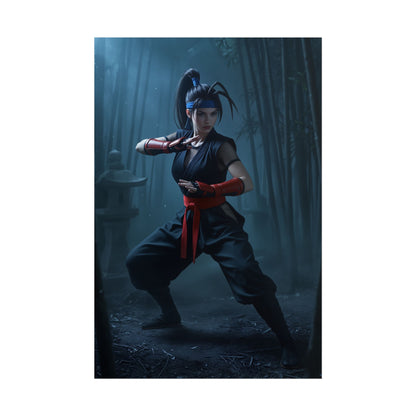Ibuki Poster, Street Fighter Art Print – Iconic Ninja Heroine Wall Art showing dynamic ninja pose in misty bamboo forest, high-resolution semi-gloss print