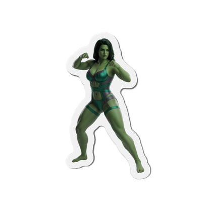 She-Hulk Magnet – Marvel Heroine Fridge Magnet, Anime Style Decor, die-cut vinyl fridge magnet showing confident green She-Hulk in anime-style pose