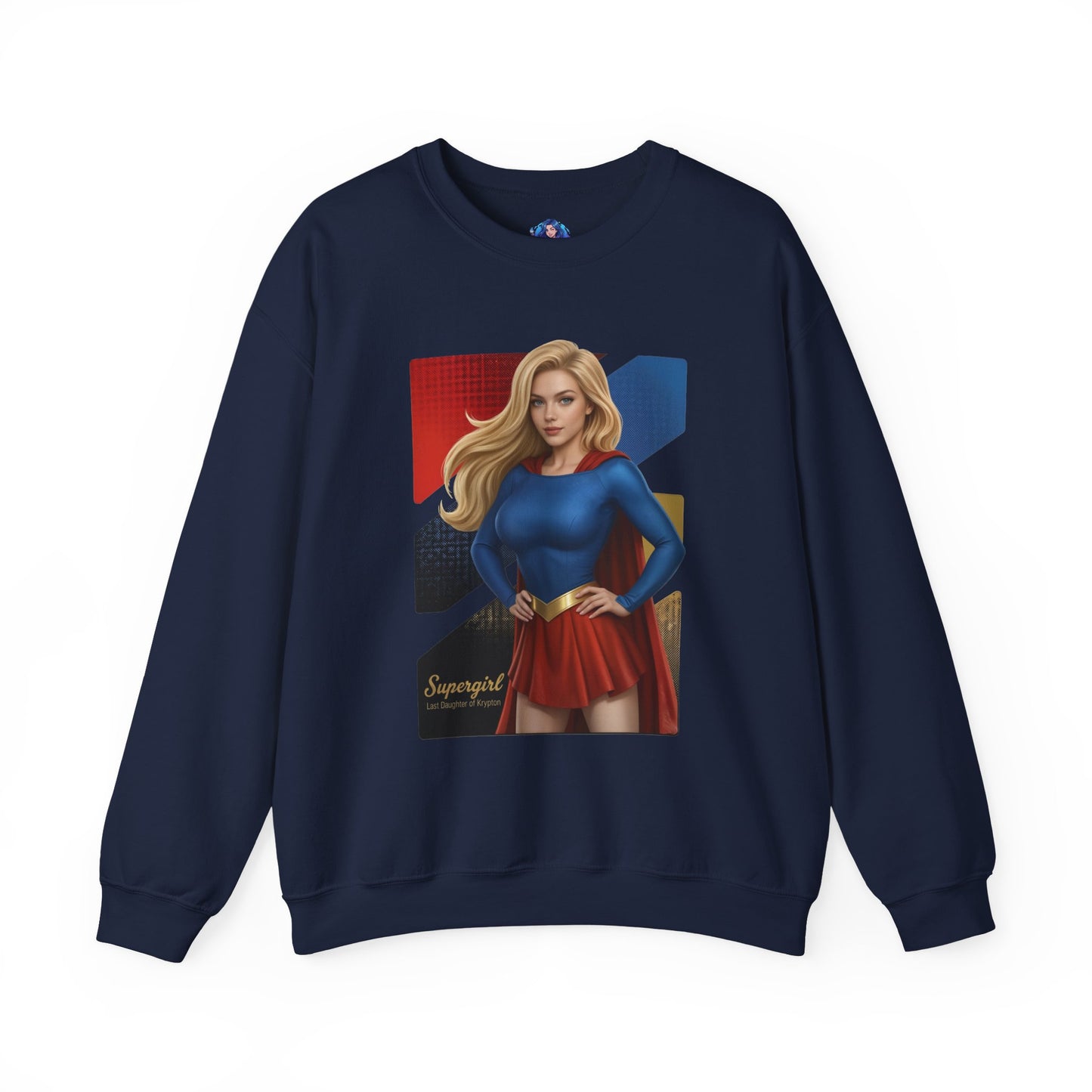 Supergirl Sweatshirt, DC Comics Crewneck, Iconic Superhero Apparel for Fans — navy crewneck featuring Supergirl illustration in blue top and red skirt