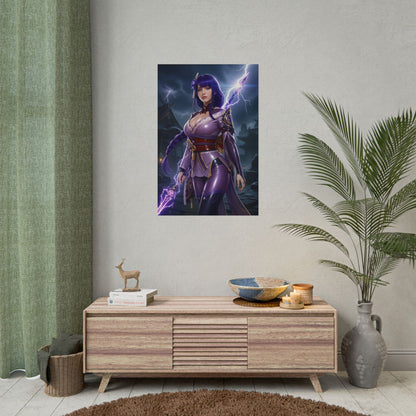 Raiden Shogun Poster, Genshin Impact Art Print – Iconic Electro Archon mounted in modern gaming room, dramatic lightning Electro Archon wall art