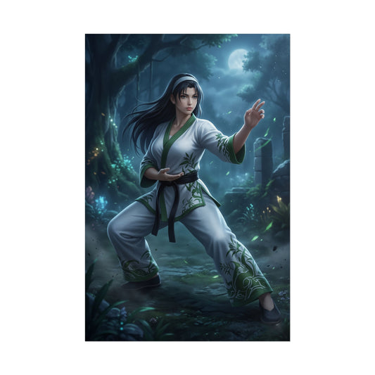 Jun Kazama Poster, Tekken Art Print – Iconic Fighting Game Heroine: serene martial arts heroine in moonlit forest poster