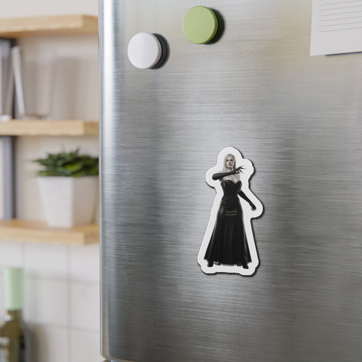 Lady Dimitrescu Magnet – Resident Evil Village Fridge Magnet, Game Decor showing die-cut vinyl anime-style Lady Dimitrescu on stainless steel fridge