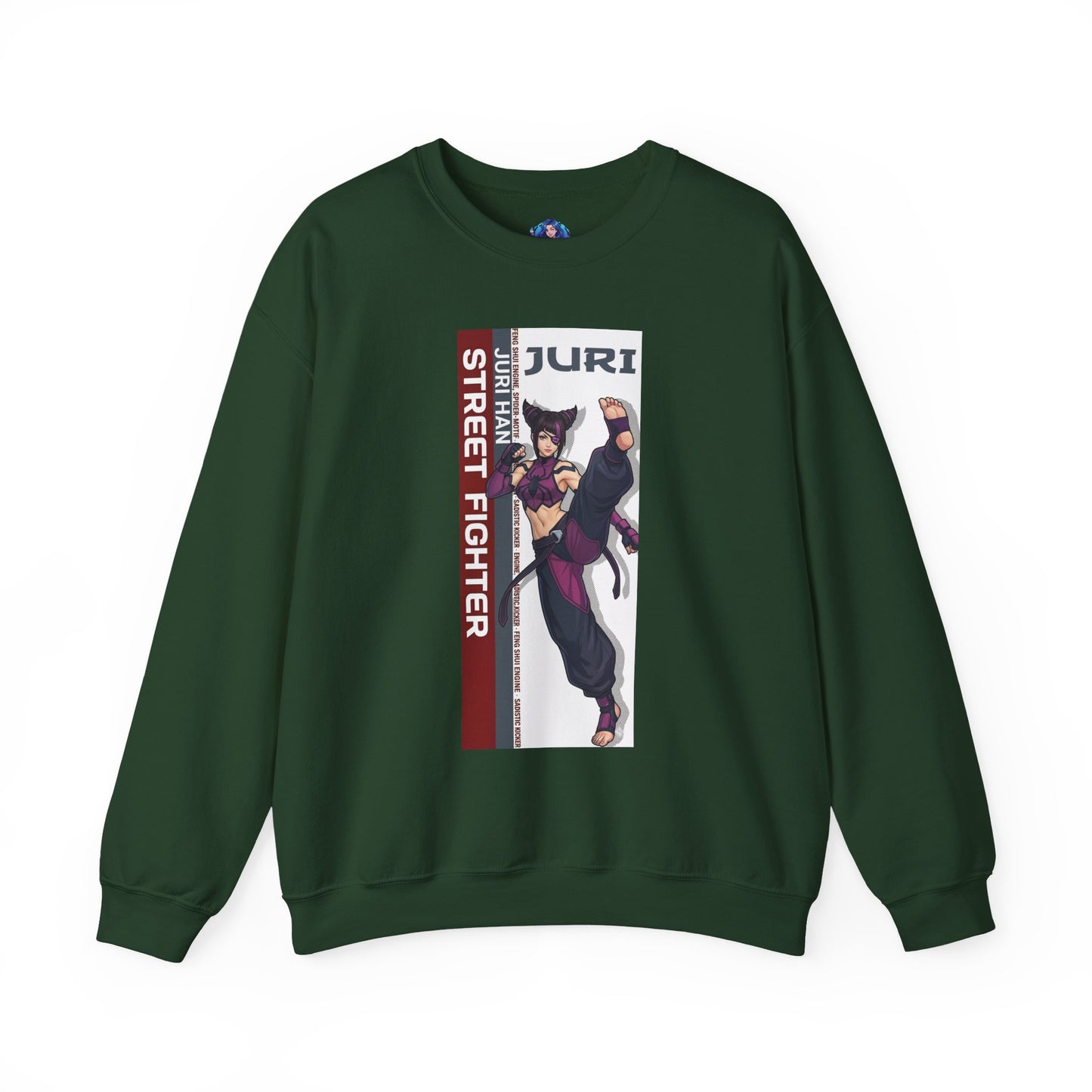 Juri Sweatshirt, Street Fighter Crewneck, Bold Fighting Game Apparel for Fans featuring Juri artwork on dark green premium crewneck