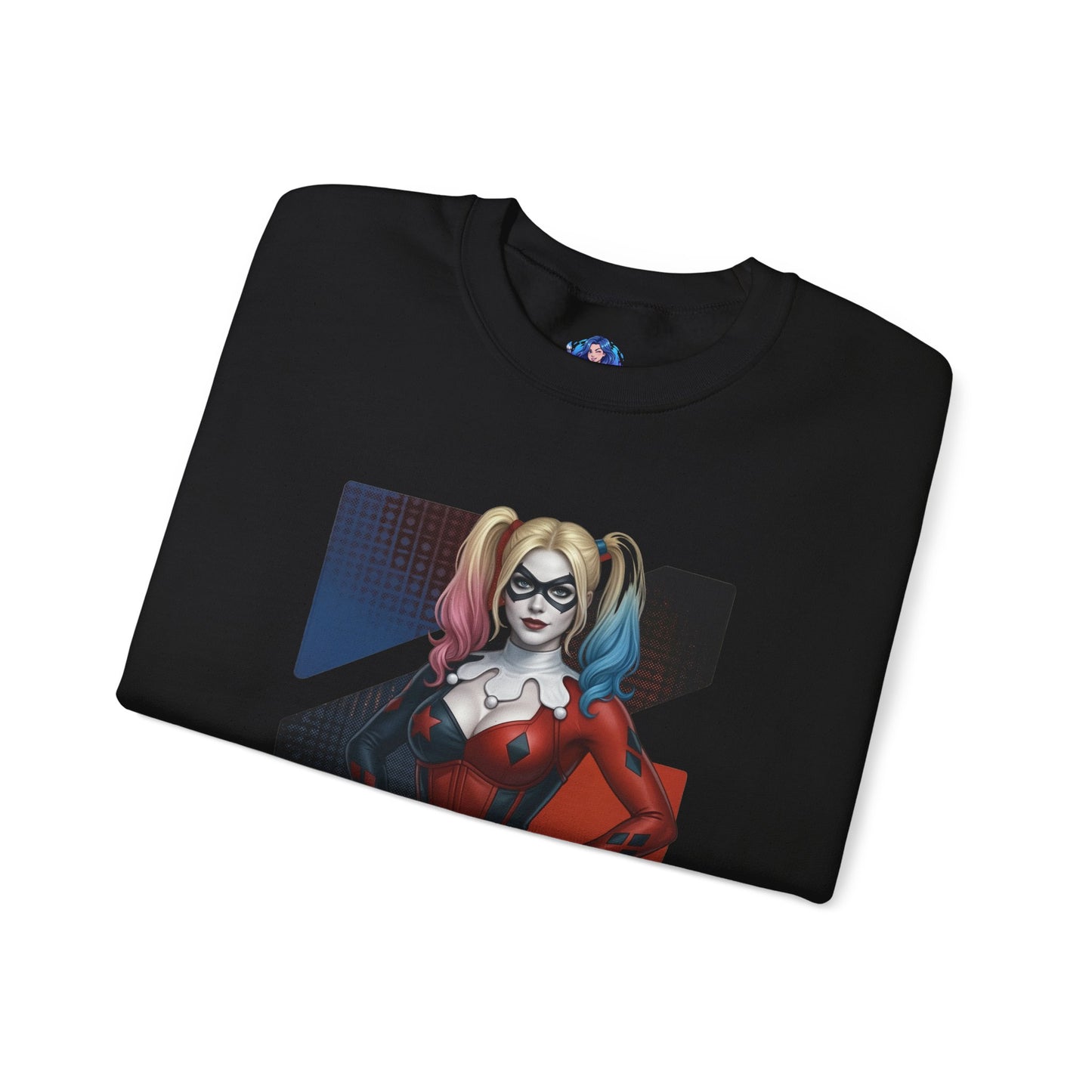 Harley Quinn Sweatshirt, DC Comics Crewneck, Iconic Comic Apparel for Fans folded black crewneck with Harley Quinn red-and-black artwork