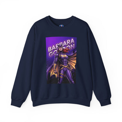 Batgirl Sweatshirt, DC Comics Crewneck, Gotham Hero Fan Apparel — navy crewneck with purple-and-gold Batgirl comic illustration