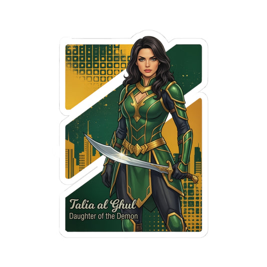 Talia al Ghul Sticker – Comic Villain Vinyl Sticker for Laptops & Indoor Decor, green-armored comic artwork with sword on glossy vinyl