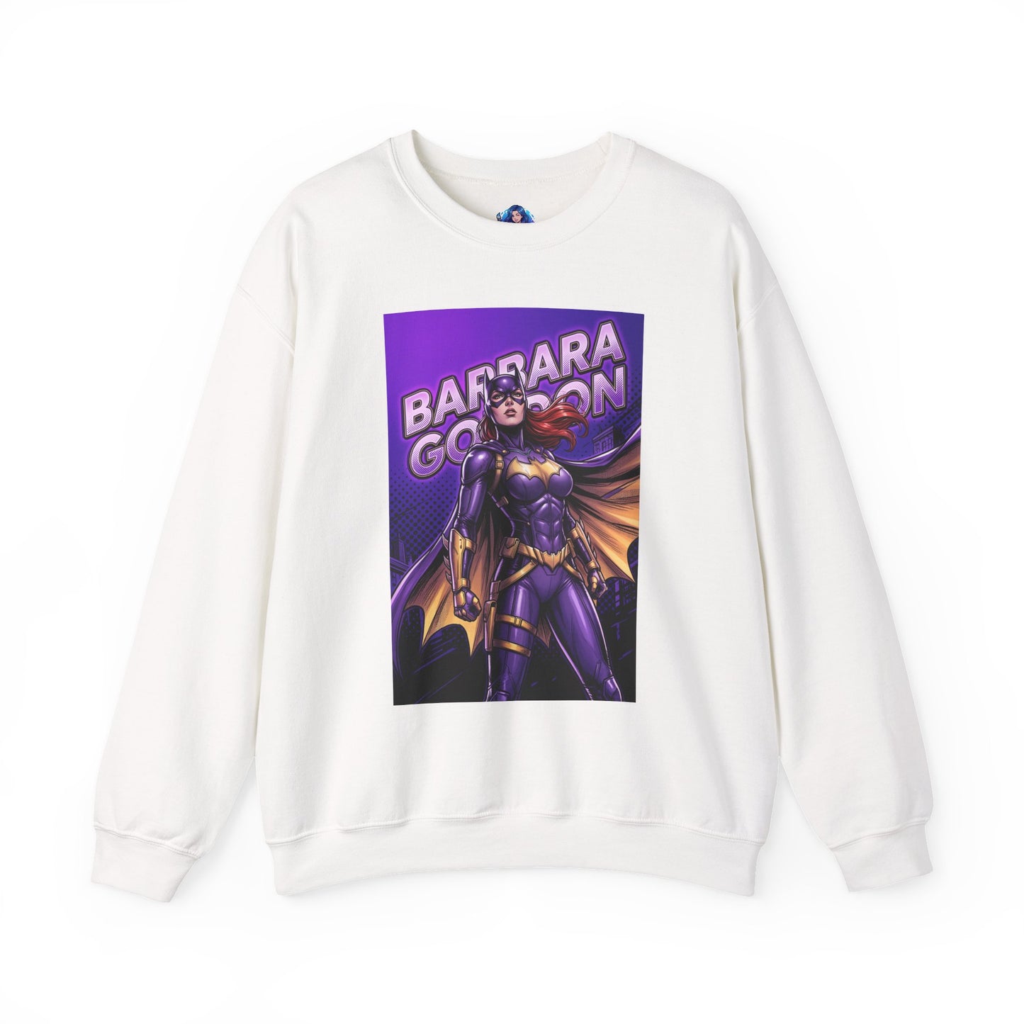 Batgirl Sweatshirt, DC Comics Crewneck, Gotham Hero Fan Apparel — white crewneck featuring Barbara Gordon in purple-and-gold comic illustration