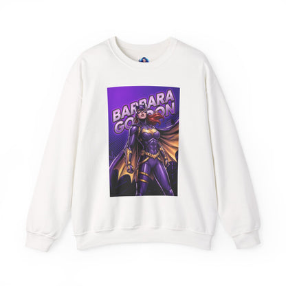 Batgirl Sweatshirt, DC Comics Crewneck, Gotham Hero Fan Apparel — white crewneck featuring Barbara Gordon in purple-and-gold comic illustration