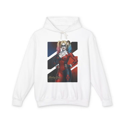 Harley Quinn Hoodie | DC Comics Hoodie | Anime Villain Girl Pullover white hoodie with anime-style Harley Quinn illustration, playful rebel streetwear design