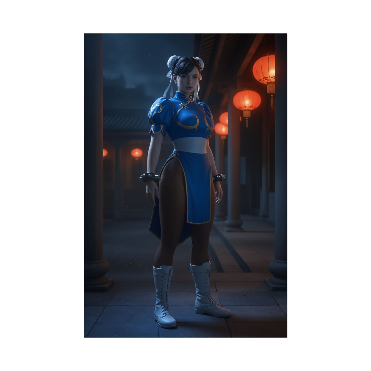 Chun-Li Poster, Street Fighter Art Print  Iconic Fighting Game Heroine showing Chun-Li in blue qipao with lantern-lit courtyard, ultra-high resolution print