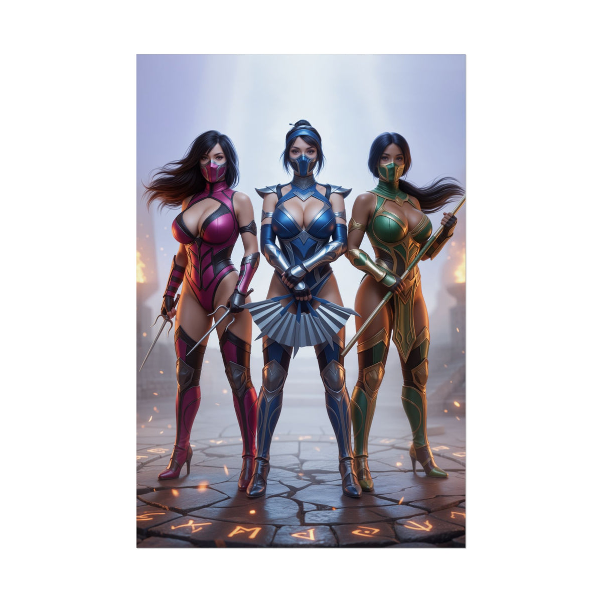 Kitana Mileena Jade Poster, Mortal Kombat Art Print  Fighter Wall Art showing three female fighters in blue, pink, and green armor standing in a dramatic game-room scene