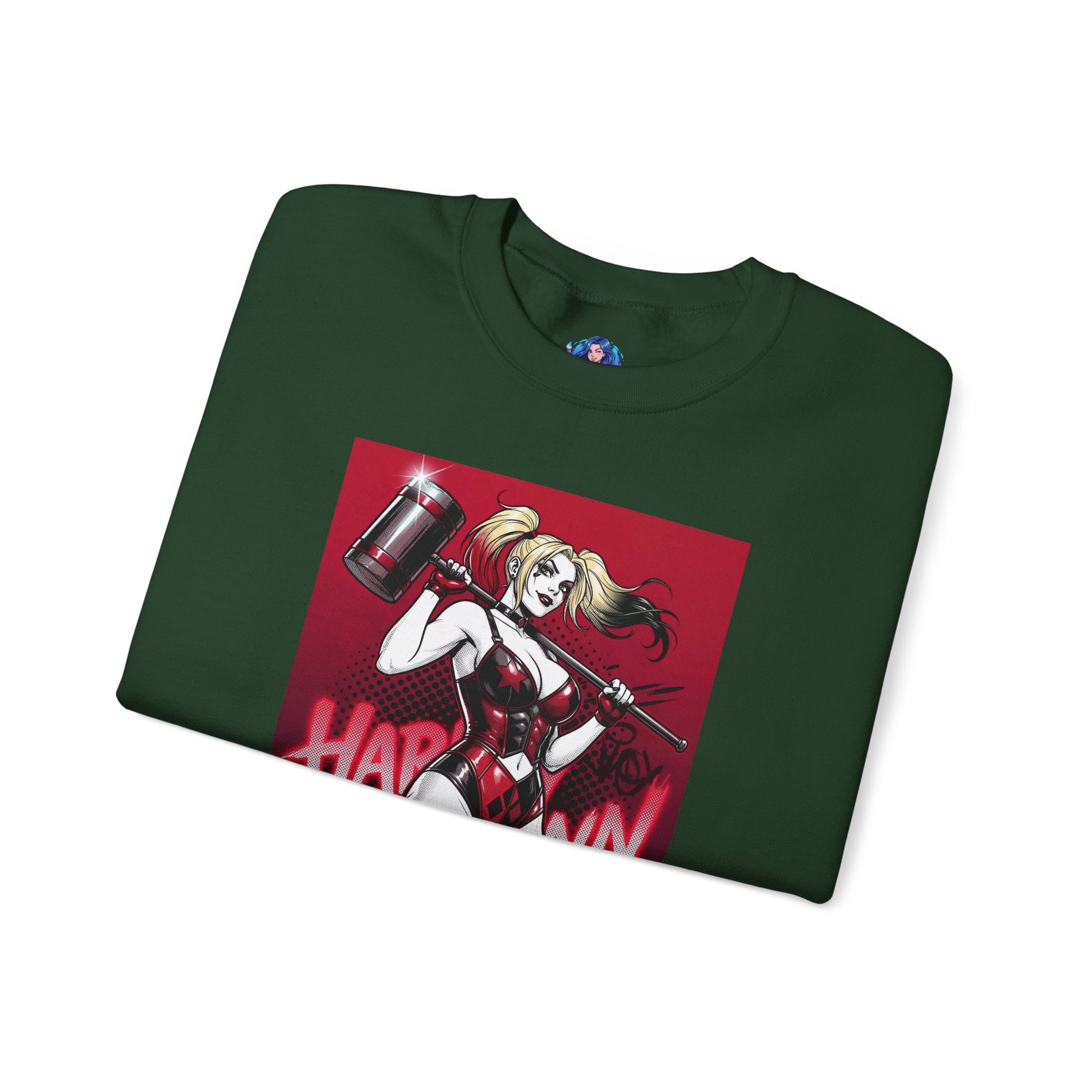 Harley Quinn Sweatshirt, DC Comics Pop Art Style, Premium Fan Apparel - green crewneck with anime-style Harley holding oversized hammer