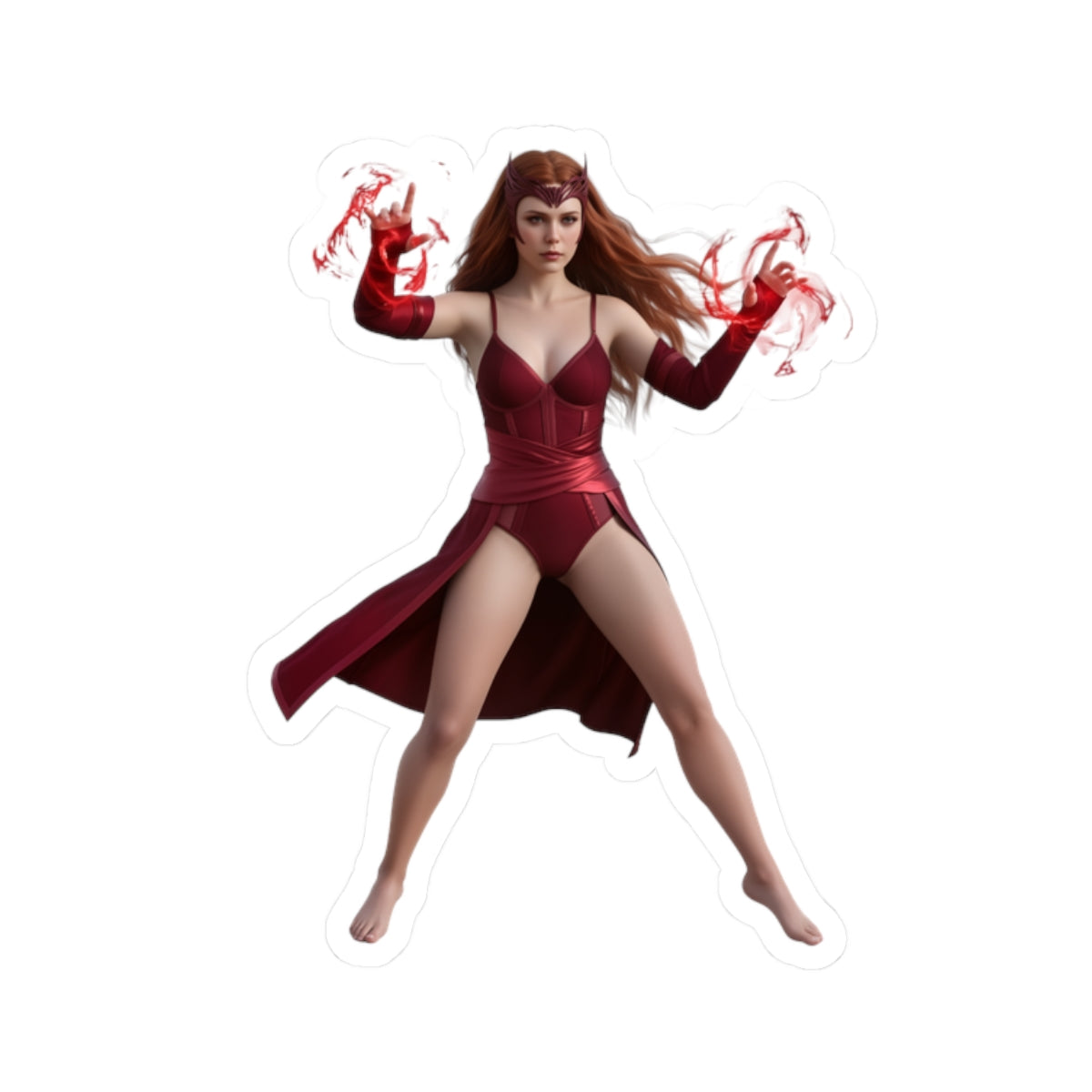 Scarlet Witch Sticker – Comic Heroine Vinyl Sticker for Laptops & Indoor Decor bold, glossy vinyl decal showing Scarlet Witch in red costume casting magic