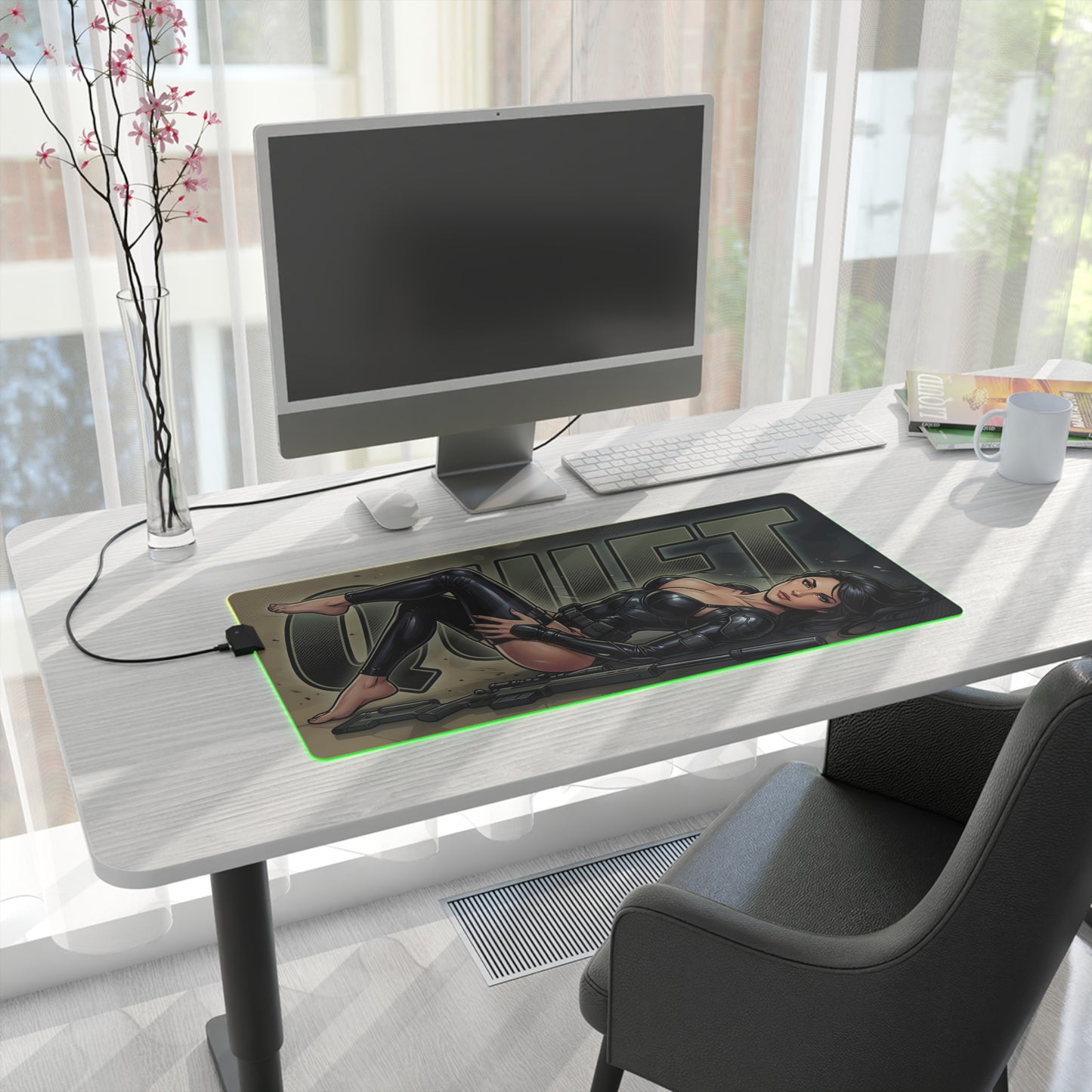 Quiet RGB Desk Mat, Metal Gear Solid V Gaming Mouse Pad, LED Desk Mat - black tactical sniper artwork RGB LED gaming desk mat on white desk