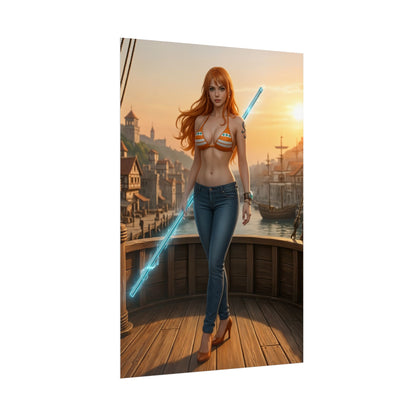 Nami Poster, One Piece Art Print, Iconic Navigator Anime Character — realistic Nami on ship deck at sunset with staff, perfect anime room decor