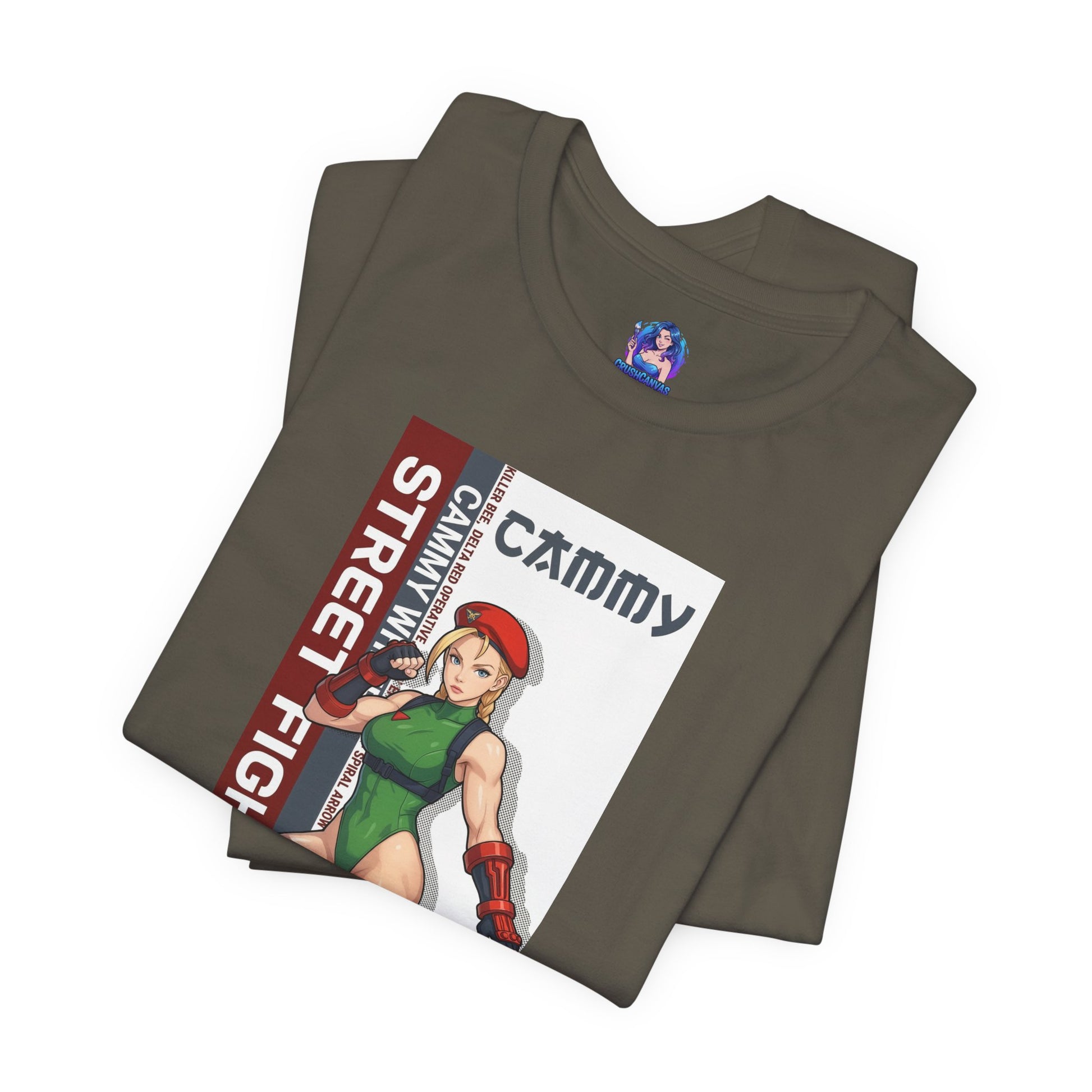 Cammy White T-Shirt | Street Fighter Anime Tee for Gamers & Fighting Game Fans folded olive Bella+Canvas print showing Cammy in green leotard and red beret