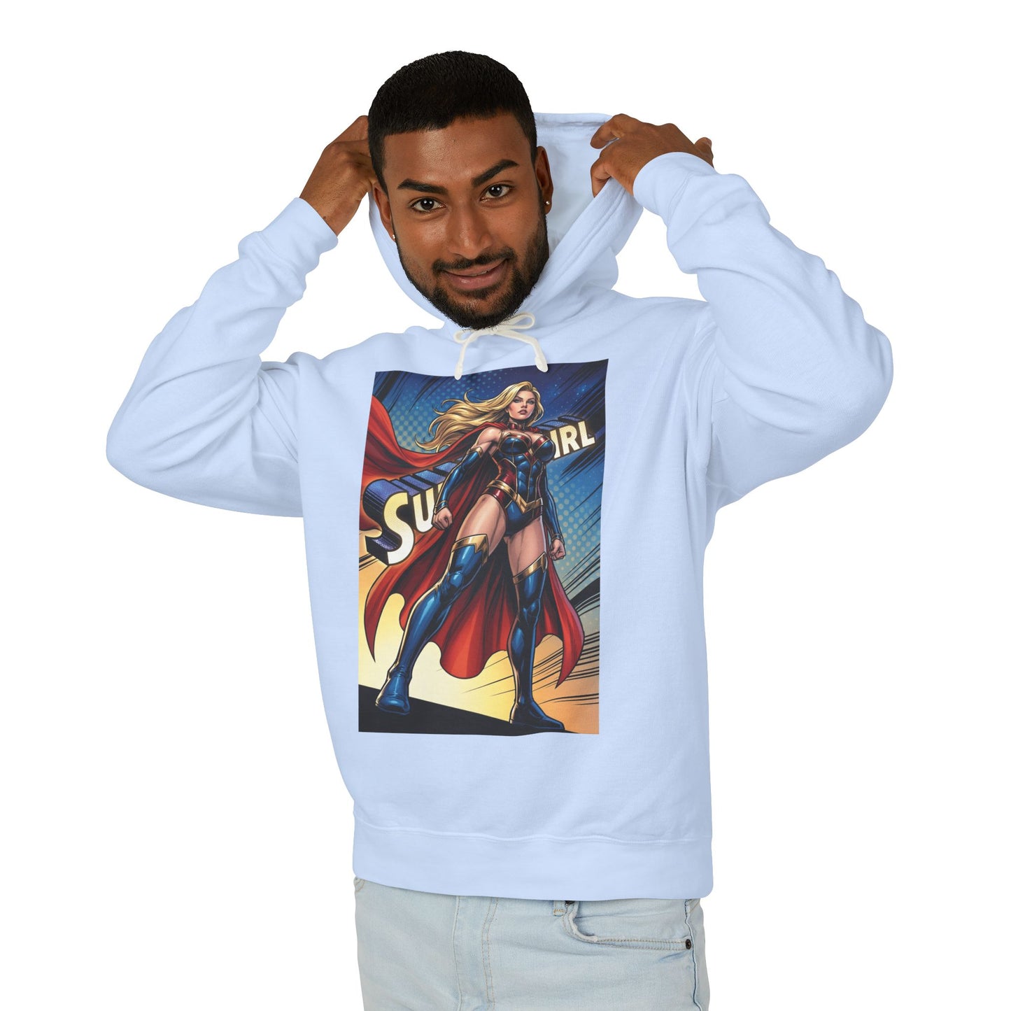 Supergirl Hoodie | DC Superhero Hoodie | Girl of Steel Pullover - light blue pullover showing bold comic-style Supergirl graphic on front