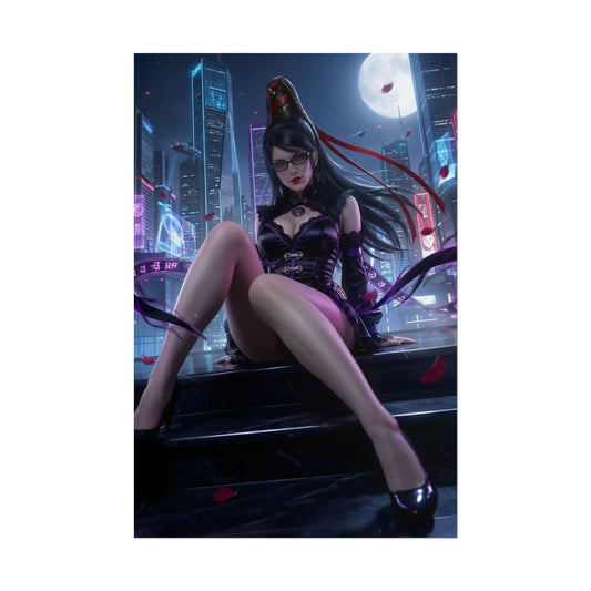 Bayonetta Poster / Bayonetta Wall Art / Bayonetta Art Print / Bayonetta Game Poster - seductive witch on moonlit city rooftop, elegant costume detail
