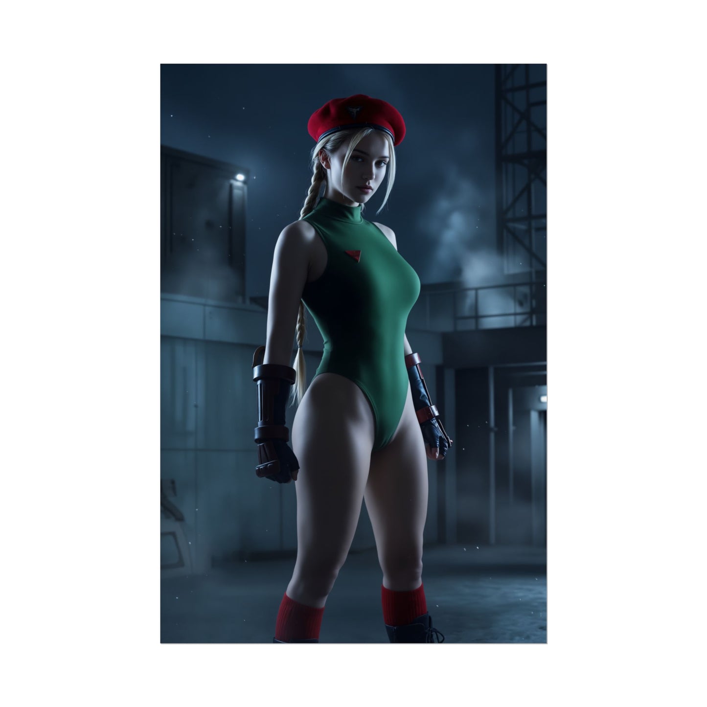 Cammy Poster, Street Fighter Art Print – Iconic Fighting Game Heroine: ultra-high-res Cammy portrait in green leotard and red beret for gaming room decor